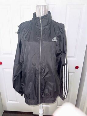 Adidas Black 3-Stripe Hooded Windbreaker Jacket Size Large L Full Zip